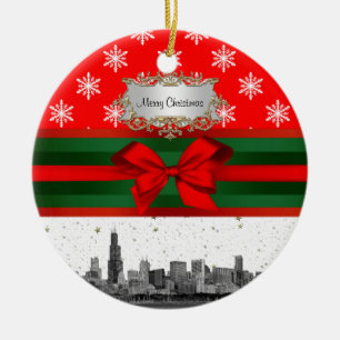 Chicago Skyline Red Snowflake Christmas Ceramic Tree Decoration