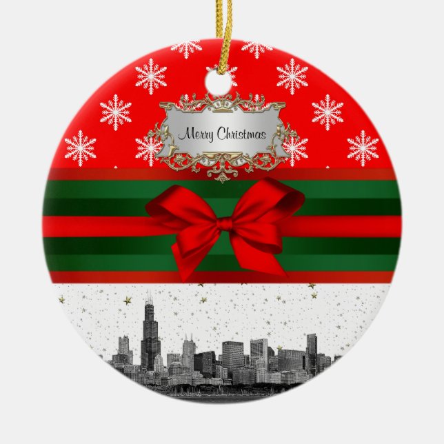 Chicago Skyline Red Snowflake Christmas Ceramic Tree Decoration (Front)