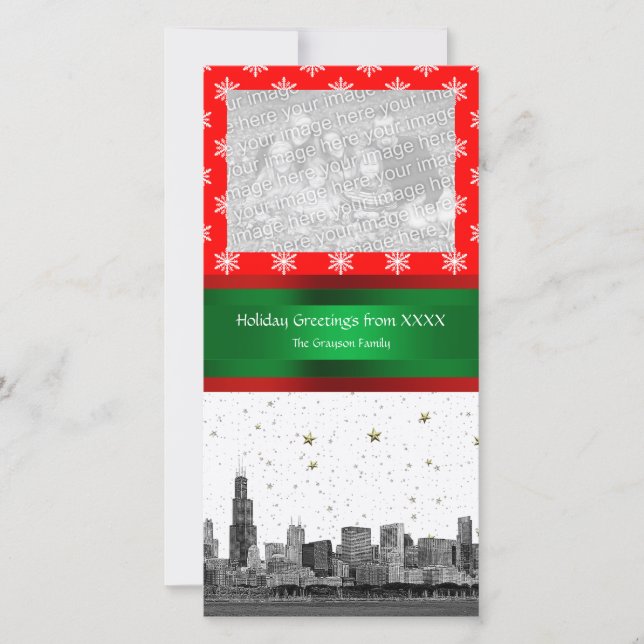 Chicago Skyline Red Snowflake Christmas Holiday Card (Front)
