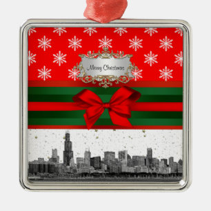Chicago Skyline Red Snowflake Christmas Metal Tree Decoration