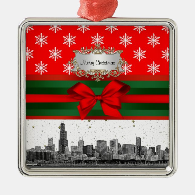 Chicago Skyline Red Snowflake Christmas Metal Tree Decoration (Front)