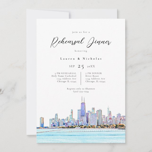 Chicago Skyline Rehearsal Dinner Invitation (Front)