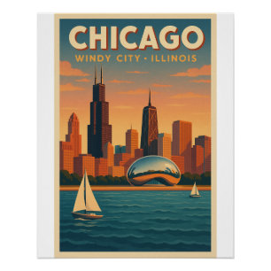 Chicago Skyline Retro  – Windy City Travel  Poster