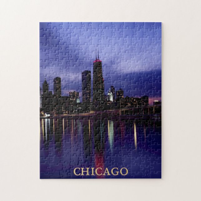 Chicago Skyline River Light Reflection at Dusk Jigsaw Puzzle (Vertical)
