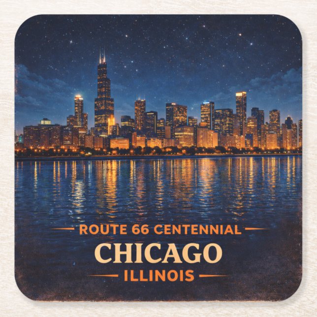 Chicago Skyline Route 66 Barware Square Paper Coaster (Front)
