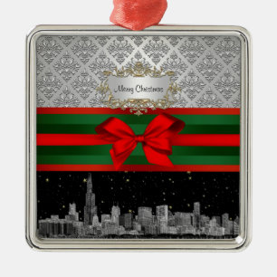 Chicago Skyline Silver White Damask #3 Bow Xmas Metal Tree Decoration