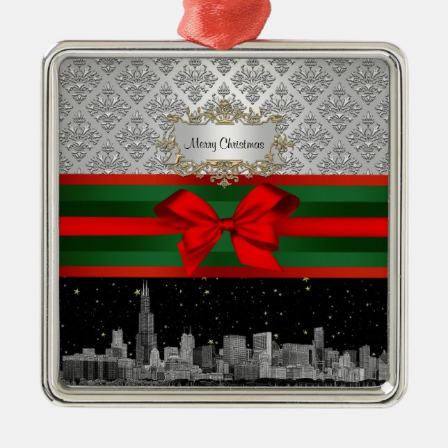 Chicago Skyline Silver White Damask #3 Bow Xmas Metal Tree Decoration (Front)