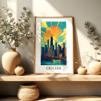 Chicago Skyline Sunset Poster