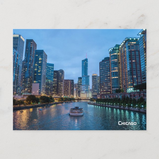 Chicago Skyline Sunset River Holiday Postcard (Front)
