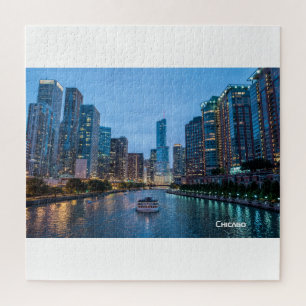 Chicago Skyline Sunset River Jigsaw Puzzle