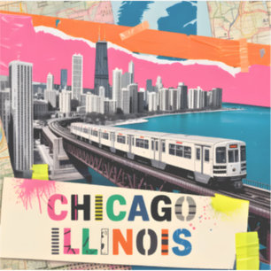 Chicago Skyline Train Pop Art Collage Retro Travel