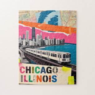 Chicago Skyline Train Pop Art Collage Retro Travel Jigsaw Puzzle