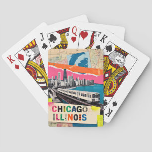 Chicago Skyline Train Pop Art Collage Retro Travel Playing Cards