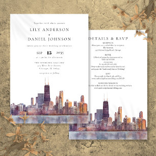 Chicago Skyline Watercolor All In One Wedding Invitation