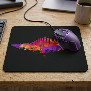 Chicago Skyline Watercolor Art on Black Background Mouse Mat