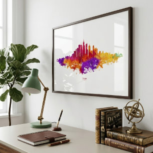 Chicago Skyline Watercolor Art on White Background Photo Print