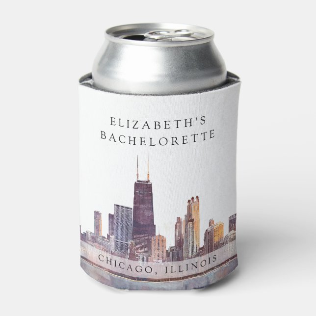 Chicago Skyline Watercolor Bachelorette Weekend Can Cooler (Can Front)