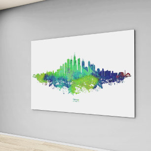 Chicago Skyline Watercolor Blue & Lime Art Prints