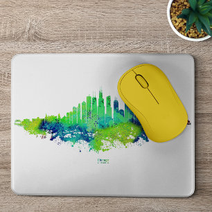 Chicago Skyline Watercolor Blue & Lime Art Prints Mouse Mat