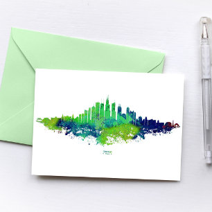 Chicago Skyline Watercolor Blue & Lime Art Prints Postcard