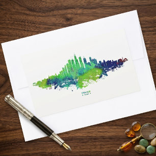 Chicago Skyline Watercolor Blue & Lime Art Prints Rectangular Sticker