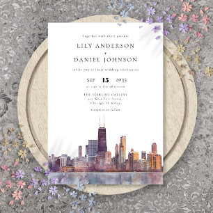 Chicago Skyline Watercolor Elegant Wedding Invitation