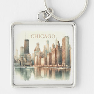 Chicago Skyline Watercolor Landmark Custom Key Ring