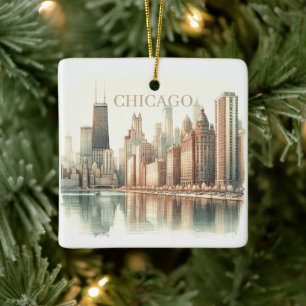 Chicago Skyline Watercolor Landmark Custom Photo Ceramic Ornament