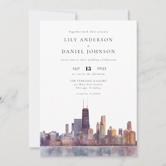 Chicago Skyline Watercolor QR Code Wedding Invitation (Front)