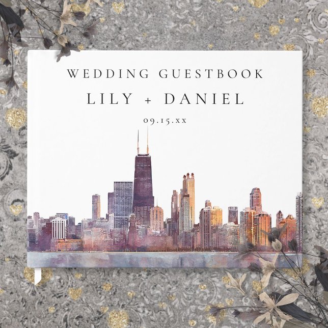 Chicago Skyline Watercolor Wedding Guest Book (Chicago Skyline Watercolor Wedding Guest Book)