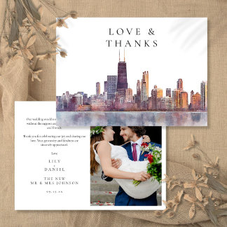 Chicago Skyline Watercolor Wedding Photo Thank You Card
