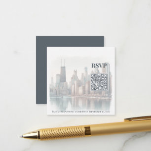 Chicago Skyline Watercolor Wedding QR Code Enclosure Card
