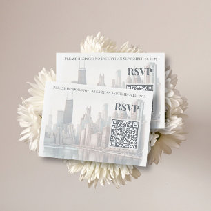 Chicago Skyline Watercolor Wedding QR Code Enclosure Card