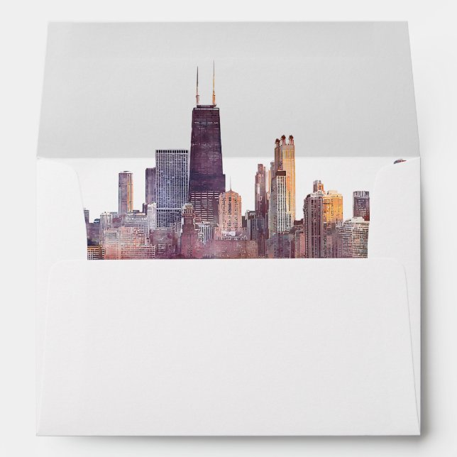 Chicago Skyline Watercolor Wedding Return Address Envelope (Back (Bottom))