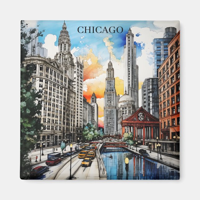 Chicago Skyline Watercolor – Windy City Travel Magnet (Front)