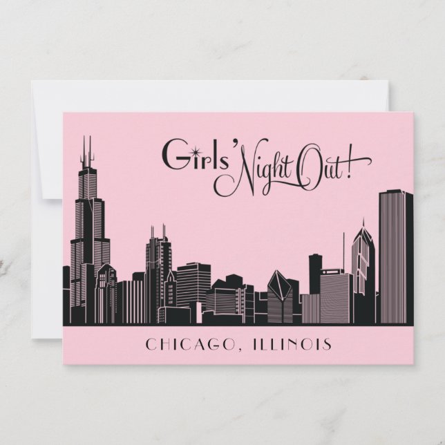 Chicago Skyline Wedding Bachelorette Party Pink Invitation (Front)