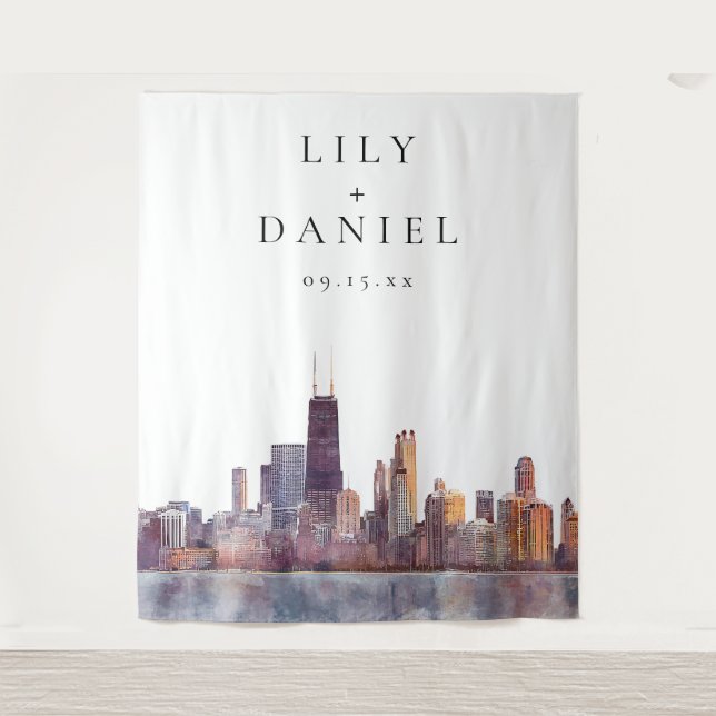 Chicago Skyline Wedding Photo Backdrop Tapestry (Front)