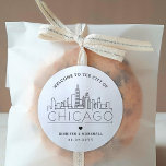 Chicago Skyline | Wedding Welcome Message Classic Round Sticker<br><div class="desc">Enhance your wedding welcome packages or event party favours with a custom set of welcome stickers! These elegant yet minimal-style stickers are tailored for a wedding taking place in the beautiful city of Chicago, Illinois. They feature a modern deco skyline with the name of the city integrated underneath. All elements...</div>