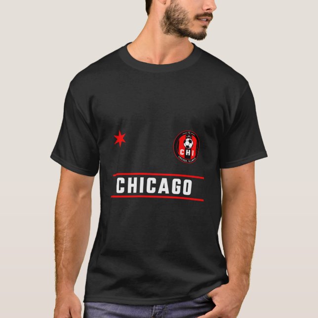 Chicago Soccer Jersey Mini Badge Fire Red Deep Blu T-Shirt (Front)