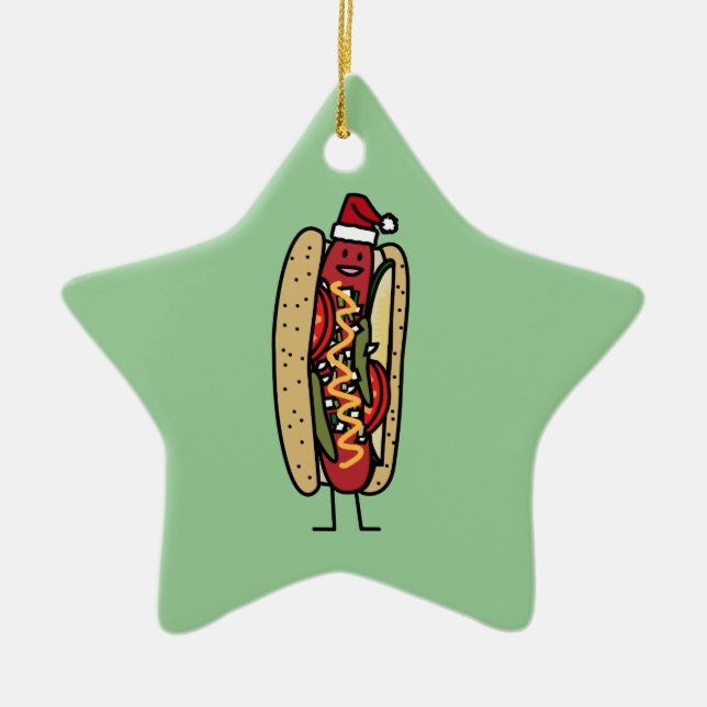 Chicago style hot dog Christmas Santa hat Ceramic Tree Decoration (Front)
