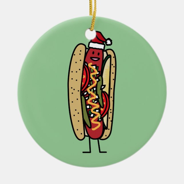 Chicago style hot dog Christmas Santa hat Ceramic Tree Decoration (Front)