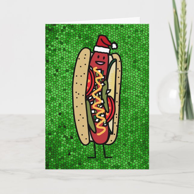 Chicago style hot dog Christmas Santa hat Holiday Card (Front)