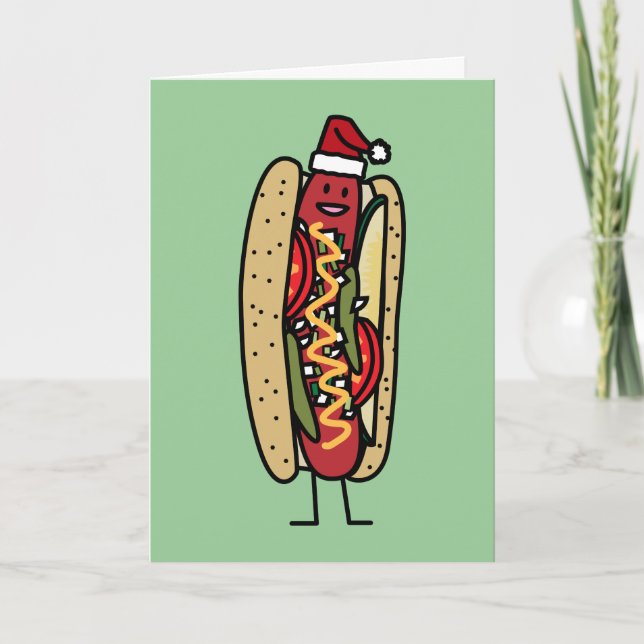 Chicago style hot dog Christmas Santa hat Holiday Card (Front)