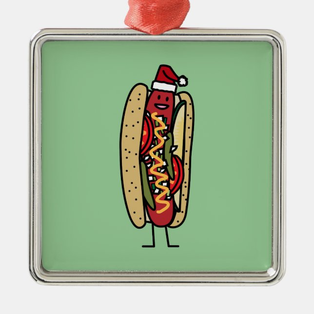 Chicago style hot dog Christmas Santa hat Metal Tree Decoration (Front)