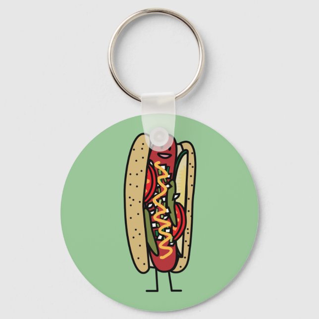 Chicago Style Hot Dog hot red poppy bun mustard Key Ring (Front)