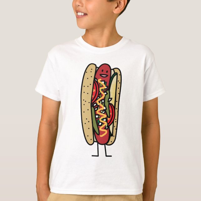 Chicago Style Hot Dog hot red poppy bun mustard T-Shirt (Front)