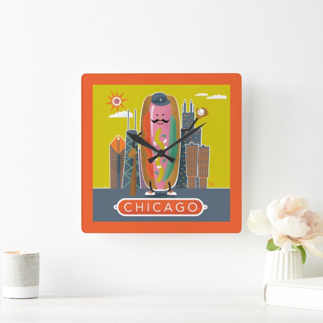Chicago-Style Hotdog Square Wall Clock (Home)