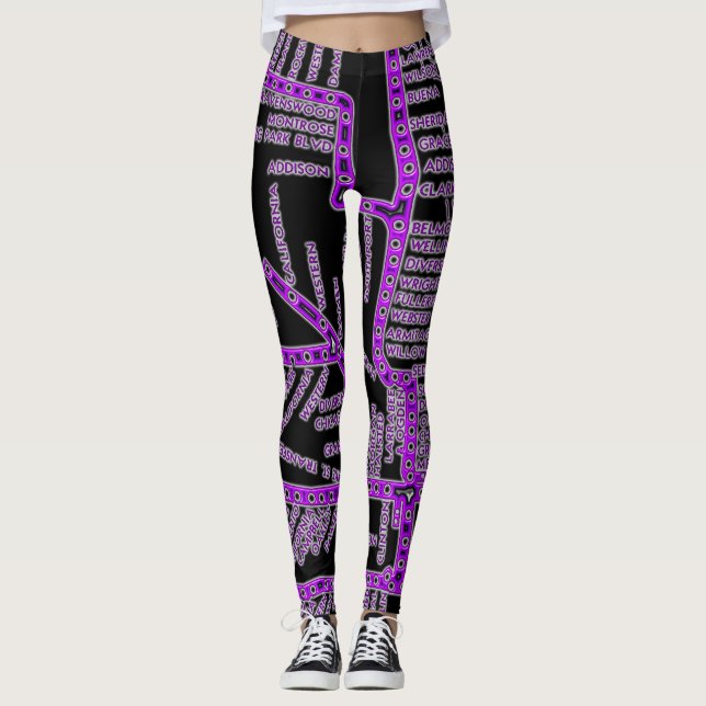 Chicago Subway Map w/ Train stops NEON PURPLE Leggings (Front)