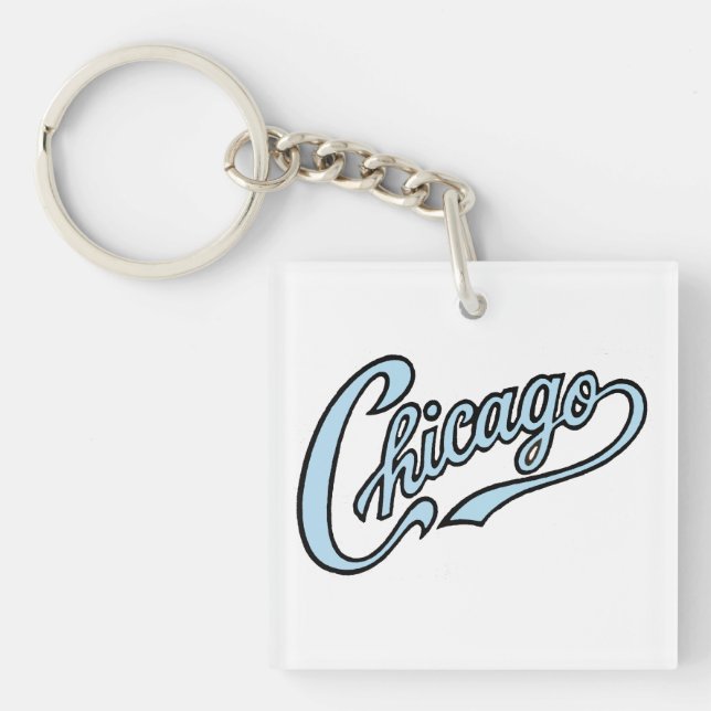 Chicago Text in Chicago Blue Script Keychain (Front)