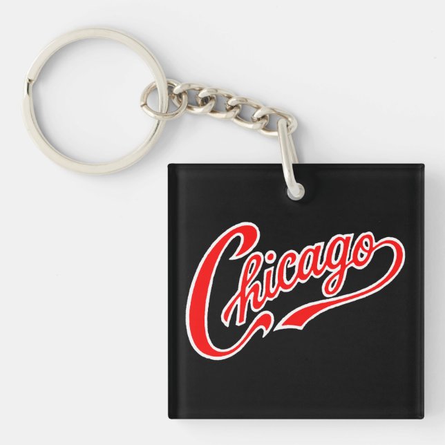 Chicago Text in Red Script BLK Keychain (Front)